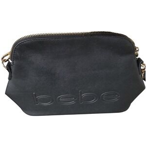 bebe Crossbody Bag Womens Medium Black Embossed Logo Gold‎ Tone Hardware Zip Top